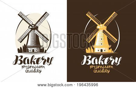 Bakery, bakehouse logo or label. Mill, windmill icon Vector illustration