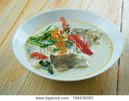 Creamy cockle chowder - seafood soup. close up  meal
