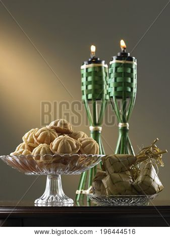 malaysia tradition food bahulu and ketupat on the glass plate