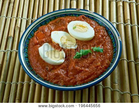 Eggs do pyaza.Classical Indian dish close up meal