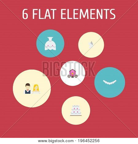 Flat Icons Patisserie, Pigeon, Wedding Gown And Other Vector Elements