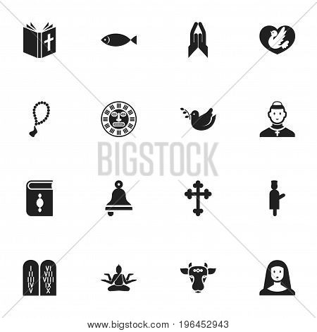 Set Of 16 Editable Religion Icons. Includes Symbols Such As Pigeon, Tribal Mask, Jewish And More