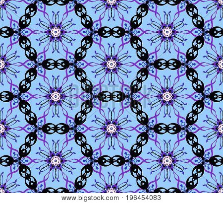 This abstract illustration features an intersesting black chain around the pink and purple floral type design. The pattern is seamless allowing you to create any size you need to fit your unique project.