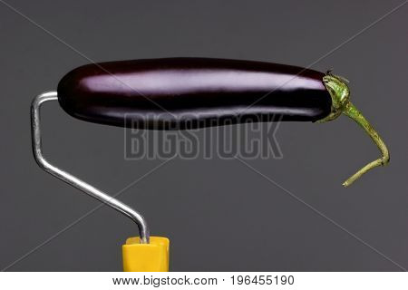 Paint Roller Eggplant On Gray Background. Fashion Food Concept.creative Advertising