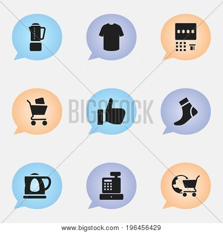 Set Of 9 Editable Shopping Icons. Includes Symbols Such As Hosiery, Boy Blouse, Automatic Teller Machine And More