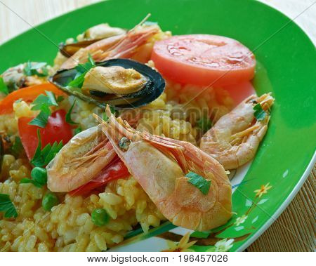 Mexican Dish Prepared With White Rice And Seafood.