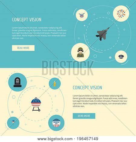 Flat Icons Musical Instrument, Usa Badge, Aircraft And Other Vector Elements