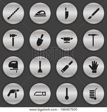 Set Of 16 Editable Equipment Icons. Includes Symbols Such As Putty Knife, Appliance, Shipment And More