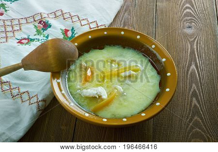 klippfisk - Scandinavian Codfish soup. breakfast close up