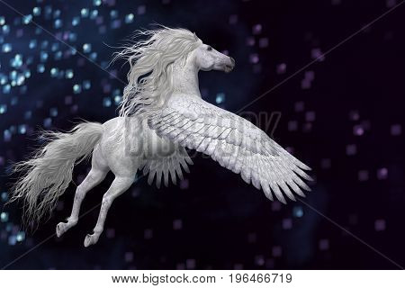 White Pegasus in Sky 3d illustration - Pegasus is a mythical white divine stallion with long flowing mane and tail rises into the sky with powerful wings.