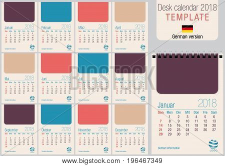 Useful desk calendar 2018 template in pastel colors, ready for printing on laser or offset. Size: 150mm x 210mm. Format A5 vertical. German version