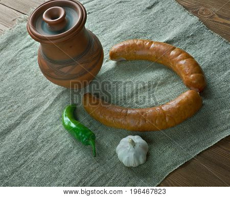 Krakowska Polish sausage kielbasa. made from cuts of lean pork seasoned with pepper allspice coriander and garlic
