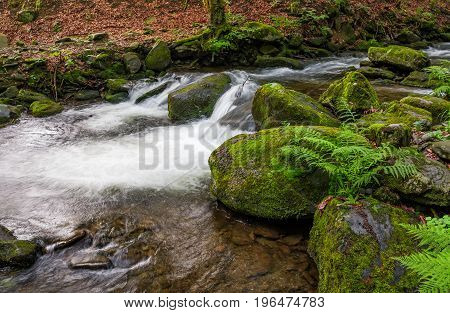 Cascade On The Little Stream With Stones In Forest