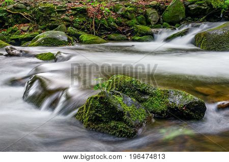 Cascade On The Little Stream With Stones In Forest