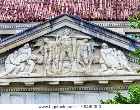 Fishing Industry Statue Herbert Hoover Building Commerce Department Washington DC. Building completed in 1932. Across from the White House Commerce has multiple departments including the International Trade Administration Export Administration Import Admi
