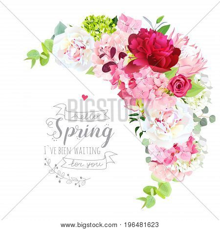 Blooming spring bouquet floral vector frame with peony, rose, protea, hydrangea, green plants. Pink, burgundy red and white flowers. Crescent shape bouquet. All elements are isolated and editable
