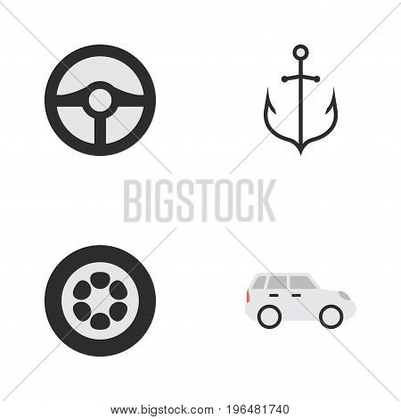 Elements Wheel, Armature, Steering And Other Synonyms Crossover, Iron And Steering. Vector Illustration Set Of Simple Transportation Icons.