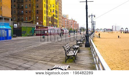 New York City, United States of America - May 02, 2016: Coney Island boardwalk, Brighton beach, Brooklyn, USA on May 02, 2016