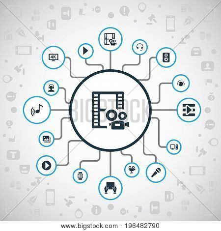 Vector Illustration Set Of Simple Media Icons. Elements Sound, Ultra Display, Image And Other Synonyms Hand, Sound And Video.