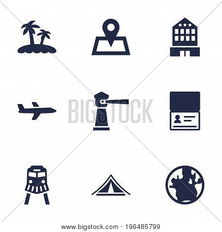 Collection Of Location, Building, Seamark And Other Elements. Set Of 9 Relax Icons Set.