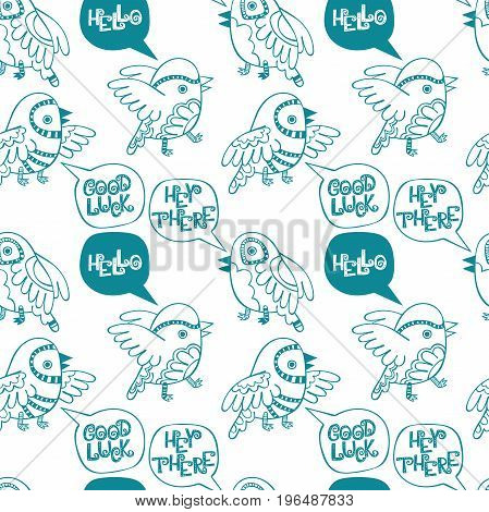 Hello. Hey there. Good luck. Birds. Seamless vector pattern (background).