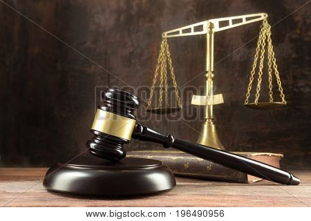 Judge Gavel, Book And Scales On The Wooden Lawyers Desk, Justice Symbols For Social Balance In Law A
