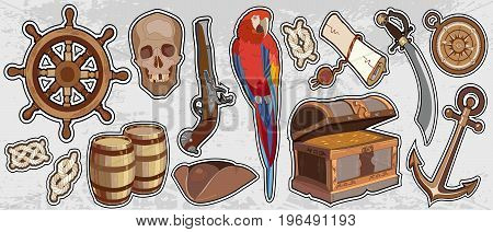 Pirate vintage elemets. Adventure stories background. Treasure chest parrot steering wheel skull rum saber pirate hat pirate stickers