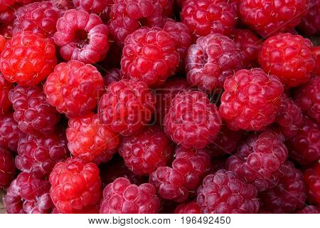Heap of sweet red raspberries close up. Selective focus.