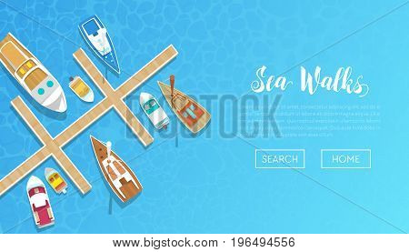 Sea Walks Banner with Yachting Tour Advertisement. Yachts and Boat Trip. Beach Vacation. Vector illustration