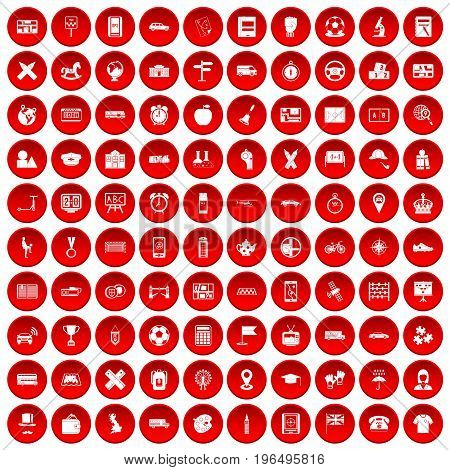 100 bus icons set in red circle isolated on white vector illustration