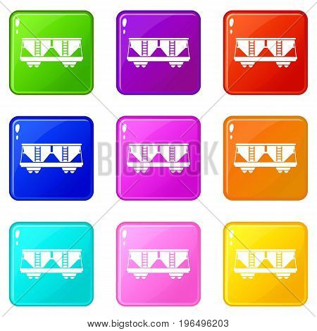 Freight railroad car icons of 9 color set isolated vector illustration