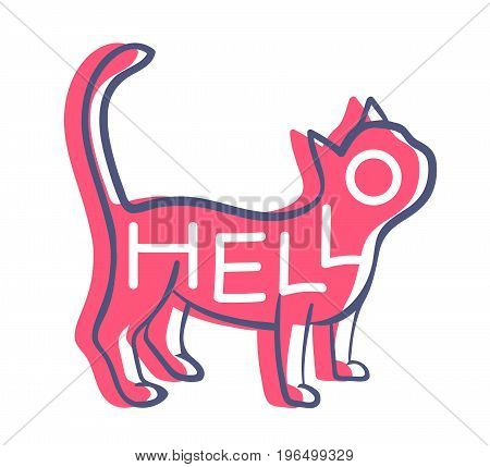 Stylish welcome greeting card with lettering in red cat shape isolated on white background. Kitten symbol with moved black contour. Friendly pet illustration. Kitty saying hello. Domestic animal icon.