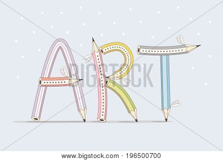 Art. Funny text consisting of pencils on blue background. Colored letters with wings. Vector illustration.