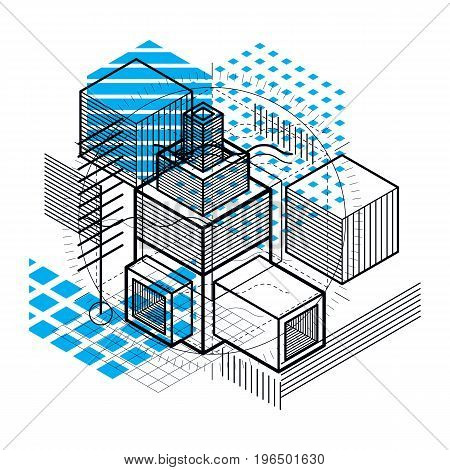 Isometric abstract background with linear dimensional shapes vector 3d mesh elements. Composition of cubes hexagons squares rectangles and different abstract elements.