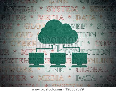 Cloud networking concept: Painted green Cloud Network icon on Digital Data Paper background with  Tag Cloud