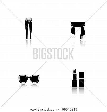 Women's accessories drop shadow black glyph icons set. Skinny jeans, scarf, sunglasses, lipstick. Isolated vector illustrations