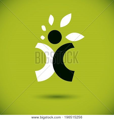 Vector illustration of happy abstract individual with raised hands up. Go green idea creative logo. Healthy lifestyle metaphor. Vegetarian theme icon.