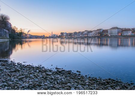 Beautiful City on river with sunrise in summer - Skyline of Basel in Switzerland