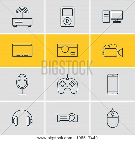 Editable Pack Of PC, Photography, Media Controller And Other Elements. Vector Illustration Of 12 Hardware Icons.