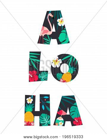 Tropical Letter ALOHA Poster with pineapple, flamingo and flowers