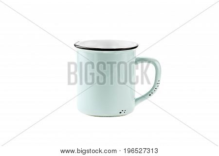 A teal colored enamel coffee cup or mug with copy space for logo isolated over a white background with clipping path included.