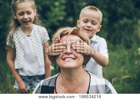Grandmother playing in the park with grandchildren, siter with brother