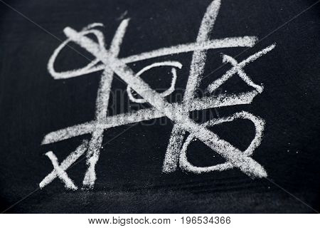 White chalk drawing as Tic Tac Toe with the winner and loser shape on black board background