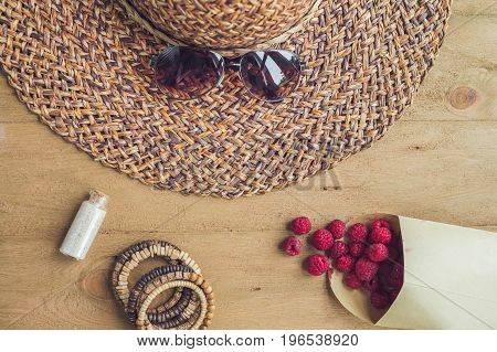 Summer Holiday, Vacation, Relaxation Concept. Raspberries, Straw Hat, Smartphone, Sunglasses From Ab
