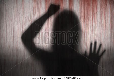 Horror Woman Behind Hitting The Matte Blood Stain Glass In Blurry Hand And Body Figure Abstraction