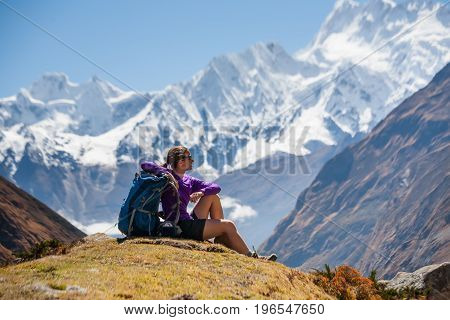 Trekker on Manaslu circuit trek in Nepal