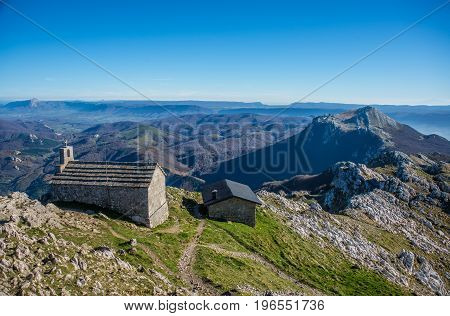 Refuge view from Aizkorri mountain top peak near Zegama Basque Country