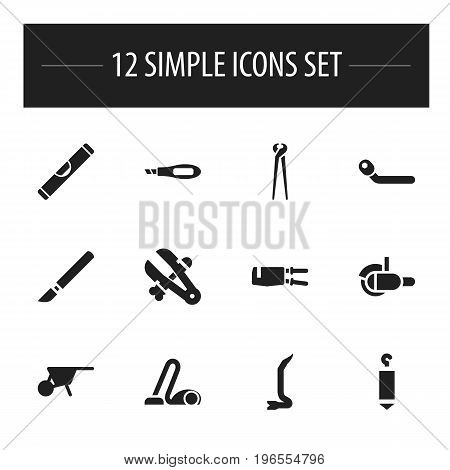 Set Of 12 Editable Equipment Icons. Includes Symbols Such As Scale, Circle Spanner, Elevation And More
