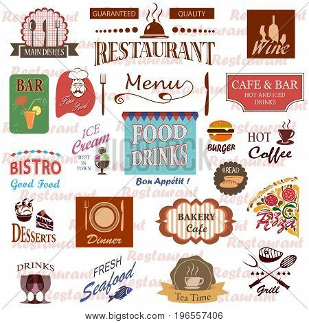 Set of food and drink labels, icons for restaurant and cafe