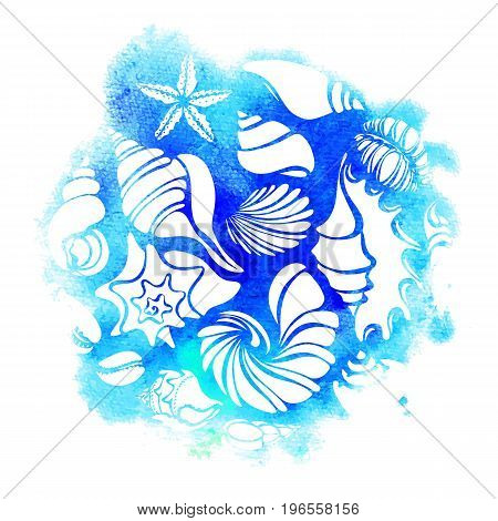 Template. Set of silhouettes of sea shells. Starfish, shell, conch, spiral, helix. Vector illustration